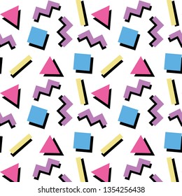 Colorful Memphis-style pattern. Seamless, infinite, and repeating. Great for zine culture, party invitations, and background wallpaper.