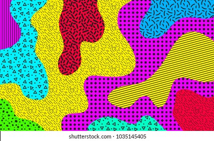 Colorful mempis design background with various pattern elements. 80's abstract retro backdrop.  Vector illustration for your graphic design.