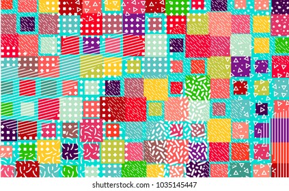 Colorful mempis design background with various pattern elements. 80's abstract retro backdrop.  Vector illustration for your graphic design.