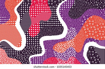 Colorful mempis design background with various pattern elements. 80's abstract retro backdrop.  Vector illustration for your graphic design.