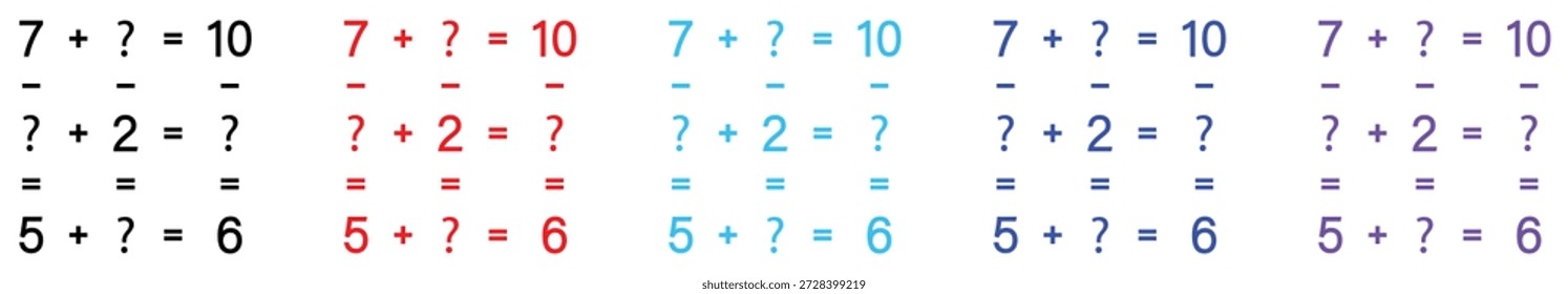 Colorido rompecabezas de matemáticas mentales con ecuaciones de suma y resta para niños.