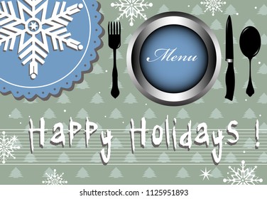 Colorful menu cover with plate, fork, knife, spoon and the text Happy Holidays written with white letters. Holidays Menu concept