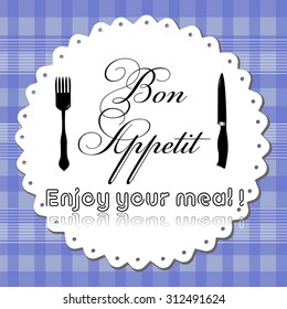 Colorful menu design with fork, knife and the text bon appetit written in the middle of the image