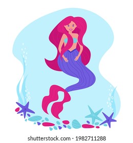 Colorful mermaid in flat style. The hero of fairy tales for the design of children's products. Neon bright colors. Flat vector illustration.