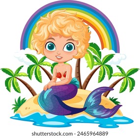 Colorful mermaid illustration with tropical background