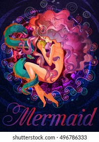 Colorful mermaid with muraena fish illustration