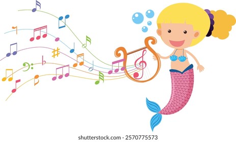 Colorful mermaid with music notes and bubbles