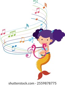 Colorful mermaid playing harp surrounded by music notes