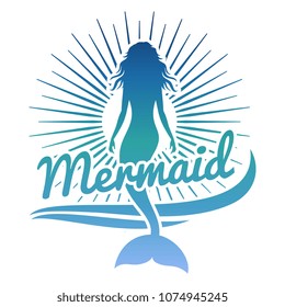 Colorful mermaid silhouette. Vector logo or label with mermaid and sun. Woman silhouette, siren drawing illustration