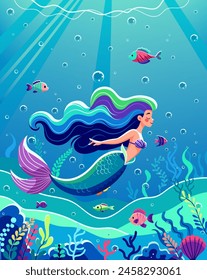 A colorful mermaid swimming underwater among fish and plants, with a stylized aquatic background, Vector illustration. Vector illustration