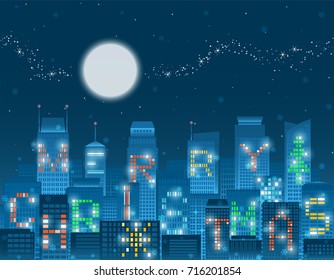 Colorful Merry Christmas alphabets on illuminated windows of high rise buildings grouping in a night city with falling snow flakes, under the glowing moon, sparkling milky way and stars