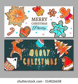Colorful Merry Christmas banners with ginderbread symbols . Vector illustration. Isolated objects