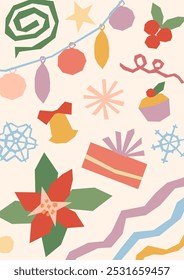 Colorful Merry Christmas card vector illustration, hand drawn geometric style. Festive xmas design with poinsettia, git box, garland on pastel pink background. Happy New year poster in retro colors