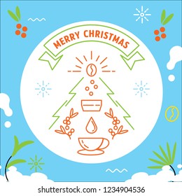 colorful Merry Christmas with coffee making vector line illustration