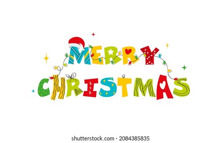 Colorful Merry Christmas Font Decorated With Santa Cap, Lighting Garland On White Background.