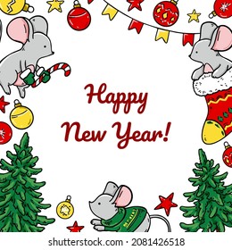 Colorful Merry Christmas and Happy New Year greeting card with cute mice and Christmas trees. Hand drawn vector illustration