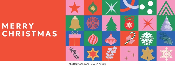 Colorful Merry Christmas and Happy New Year greeting web banner or header, holiday cover, poster. Modern Xmas design in geometric style for ads, sales, print, season greetings