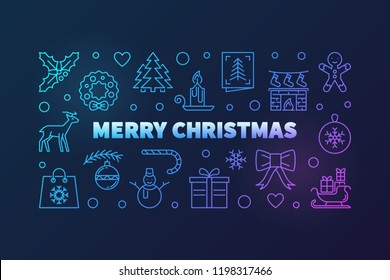 Colorful Merry Christmas Horizontal Vector Illustration Or Banner Made With Xmas Thin Line Creative Icons On Dark Background