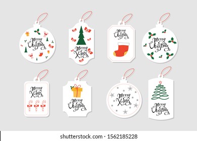 Colorful Merry Christmas labels with Christmas elements and hand drawn letters. Usable as greeting card, gift package, stickers