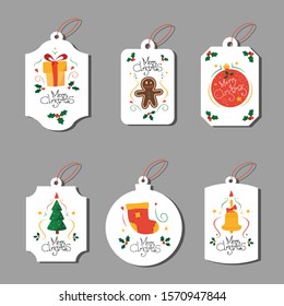 Colorful Merry Christmas labels with Christmas elements and hand drawn letters. Christmas ball, bell, tree, box and gingerbread man