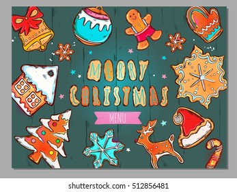 Colorful Merry Christmas  Menu postcard with ginderbread symbols . Vector illustration. Isolated objects