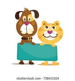 Colorful merry christmas or new year illustration card with funny dog and cat. Card, sticker, emblem about friendship