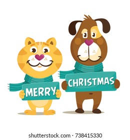 Colorful merry christmas or new year illustration card with funny dog and cat. Card, sticker, emblem about friendship