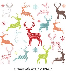Colorful Merry Christmas Reindeer,Reindeer silhouette set.Snowflakes.