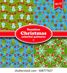 Colorful merry christmas seamless patterns set with winter holiday symbols flat isolated vector illustration