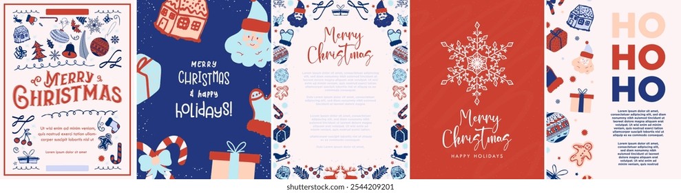 Colorful Merry Christmas Themed Greeting Card Posters and Poster templates. Winter season posters decorated with christmas doodles and big copy space. Christmas background layouts. Vector.