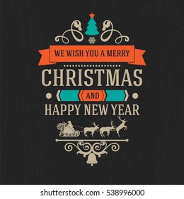 Colorful Merry Christmas vector modern badges with happy new year wishes on black chalkboard wooden background for christmas holidays design projects, for backdrops, booklets, book cover, background 