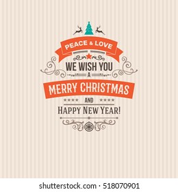 Colorful Merry Christmas vector retro vintage badges . Wishes of happy holidays with decoration elements for design projects