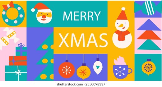 Colorful merry xmas design with festive icons and holiday cheer. geometry christmas banner. 