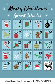 Colorful Mery Chistmas Advent calendar on blue background. Cute Christmas, winter and New Year 25 symbols and icons with numbers in perfored squares. Simple flat hand drawing vintage style. Doodles