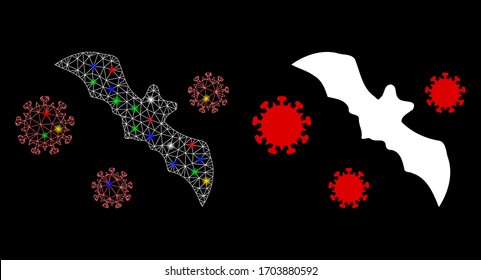 Colorful mesh bat virus with glow effect. Abstract illuminated model of bat virus icon. White wire carcass polygonal mesh bat virus and base icon. Vector abstraction on a black background.