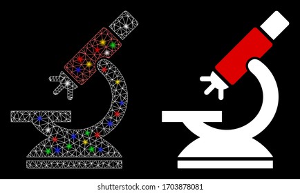 Colorful mesh labs microscope with glare effect. Abstract illuminated model of labs microscope icon. White wire frame polygonal network labs microscope and base icon.