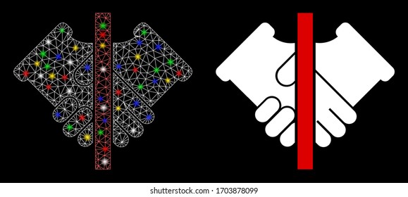 Colorful mesh no handshake with glare effect. Abstract illuminated model of no handshake icon. White wire frame triangular mesh no handshake and base icon. Vector abstraction on a black background.