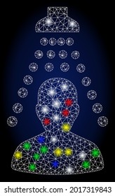 Colorful mesh patient disinfection with lightspot effect. Abstract illuminated vector model of patient disinfection icon on a dark blue gradiented background.