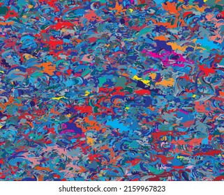 Colorful mesh of small amorphous, intertwined shapes, with mostly bluish and reddish tones