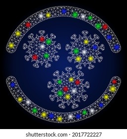 Colorful mesh virus container with glare effect. Abstract illuminated vector model of virus container icon on a dark blue gradiented background. White wire frame polygonal mesh virus container.