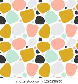 Colorful messy abstract seamless pattern with uneven round stains, spots, geometrical shapes, background. Vector illustration.   