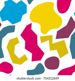 Colorful messy abstract seamless pattern geometrical shapes on white. Vector illustration.