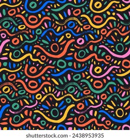 Colorful messy doodles seamless pattern. Brush drawn wavy lines and circles with small brush strokes. Fun children art background. Pencil or crayon squiggles ornament. Vector texture waves pattern.