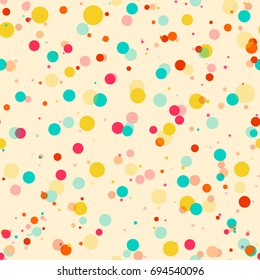 Colorful messy dots on beige background. Festive seamless pattern with round shapes. Grunge dotted texture for wrapping paper, web. Vector illustration.