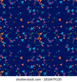 Coloridos puntos desordenados, triángulos de fondo. Patrón festivo sin fisuras con formas redondeadas. Grunge textura punteada para envolver papel, web. Ilustración vectorial.