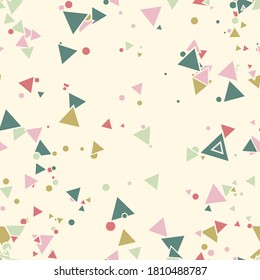 Coloridos puntos desordenados, triángulos de fondo. Patrón festivo sin fisuras con formas redondeadas. Grunge textura punteada para envolver papel, web. Ilustración vectorial.