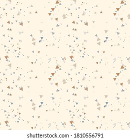 Colorful messy dots, triangles background. Festive seamless pattern with round shapes. Grunge dotted texture for wrapping paper, web. Vector illustration.