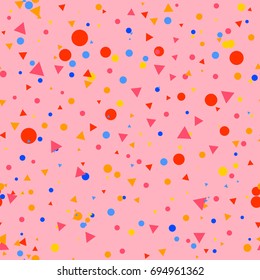 Colorful messy dots, triangles on pink background. Festive seamless pattern with round shapes. Grunge dotted texture for wrapping paper, web. Vector illustration.