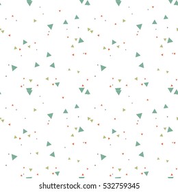 Colorful messy seamless pattern with triangles on white. Abstract chaotic geometric. Triangular geometrical background. Infinity geometric pattern. Vector illustration.