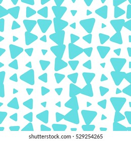 Colorful messy triangle seamless pattern on white. Abstract chaotic geometric pattern. Triangular geometrical background. Blue and white halftone with round triangles. Vector illustration.